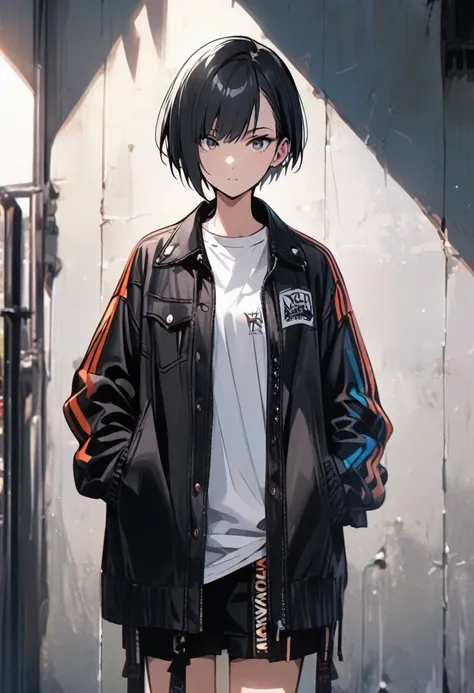 black hair, white shirt, jacket, 1girl, short hair, boyish, stylish, bright