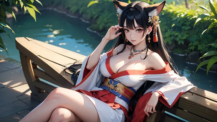 Camera angle looking down from above。Sitting flat on a reclining chair、A beautiful woman with big breasts and fox ears stretches her legs and relaxes, gazing into the distance。Shiny kimono with off-the-shoulder sleeves and a skirt。hair ornaments、Earrings、n...