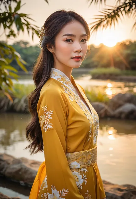 A serene portrait of a MagMix Girl in a flowing ao dai, posing elegantly by a riverbank as the sun sets, casting a warm, golden glow over the scene and reflecting off the water