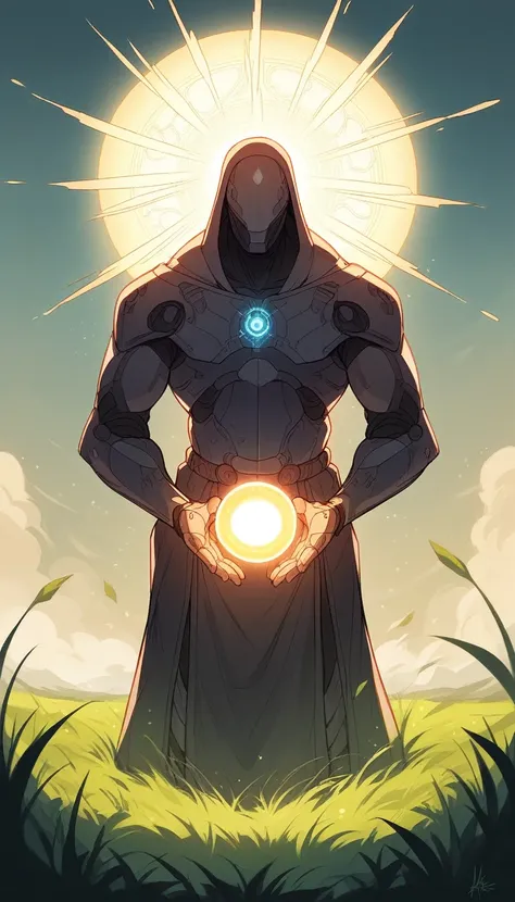 The image depicts a futuristic, otherworldly figure standing in a field of tall grass. The figure is adorned with intricate, geometric patterns and glowing lights, suggesting a technologically advanced civilization. The figures posture, with hands clasped ...