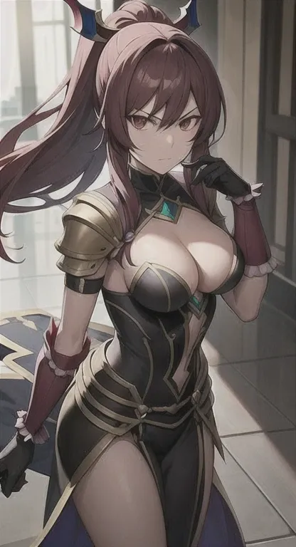 Glaring , hero Sylvia, hallway, armor, looking at viewer annoyed ,