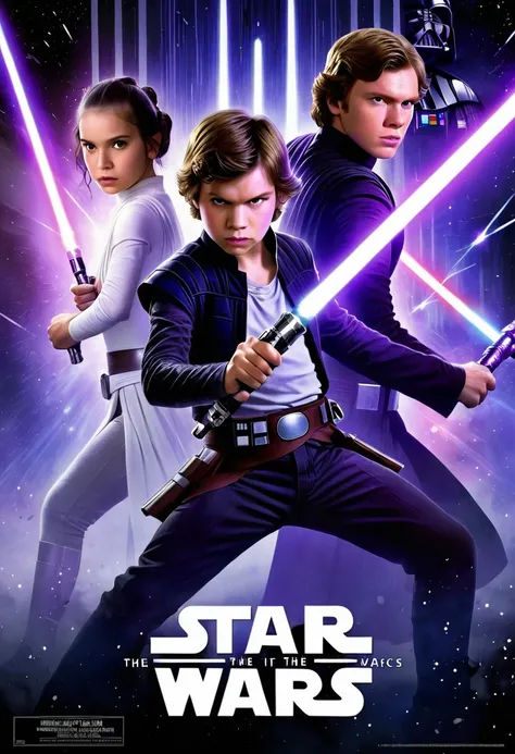 Star wars poster with a boy with two lightsabers, one purple and one white in a fight against a woman sid