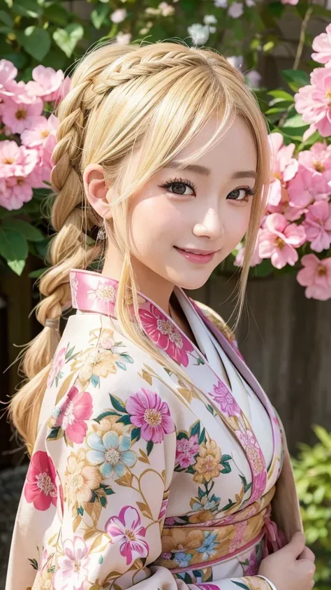 Blonde kimono beauty、Gorgeous floral patterned kimono、My cute girlfriend is a kimono model..、Brown eyes、Beautiful smile、He is short、Braiding、hair ornaments、Colorful and showy kimono、