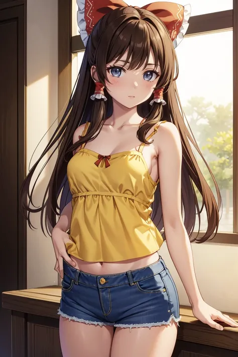 Reimu Hakurei, (Brown eyes:1.5), Brown Hair, bow, hair bow, Hair Tube, Long Hair, red bow, Side Lock,Western-style room, (((Slender body、Yellow Camisole BREAK Denim Shorts)))
BREAK Watch Viewers,blush、Sad-looking face、
Cowboy Shot,Smile Break (masterpiece:...