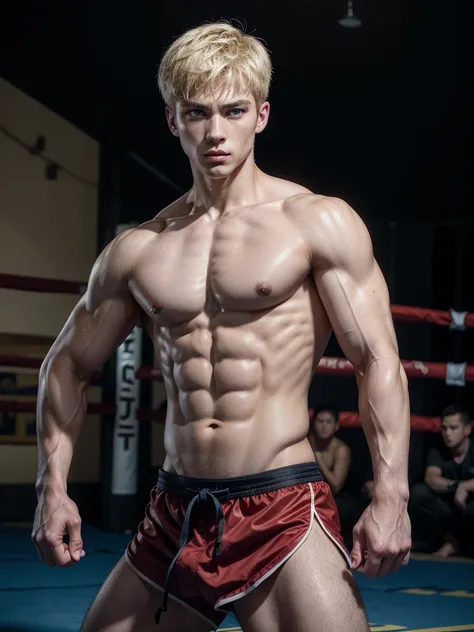 Ken is a young martial arts fighter, handsome, attractive, slender, muscular torso,street fighter , short light blonde low-cut hair, blue eyes, wearing a red martial combat costume with black details against a mat in the blue sky in the mountains