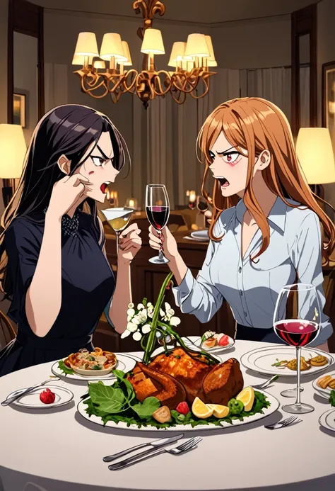 two woman romantic dinner vine glass angry