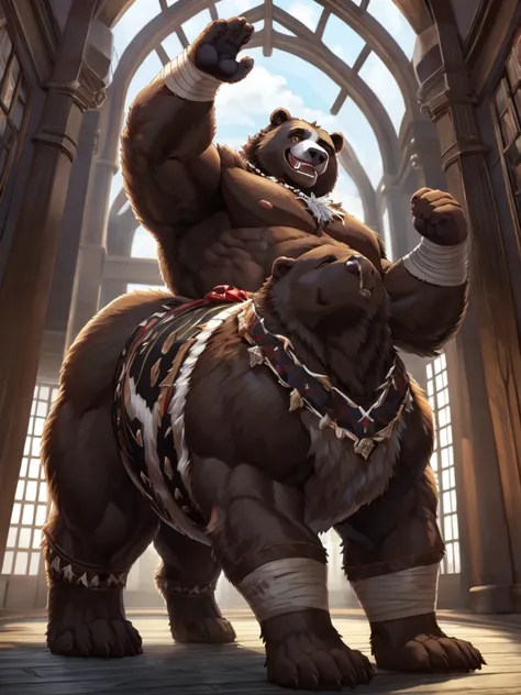 solo, feral, furry, fur taur, furry, male, beartaur, ((fluffy fur, fluffy, furry taur body)), (brown fur, bear print), brown body, grey hair, snout, black nose, yellow eyes, bear tail, detailed teeth, detailed face, detailed bear paws, detailed bear tail, ...