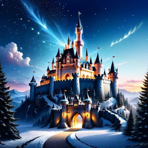 A fantasy illustration of a castle with glittering lights and a sparkling sky