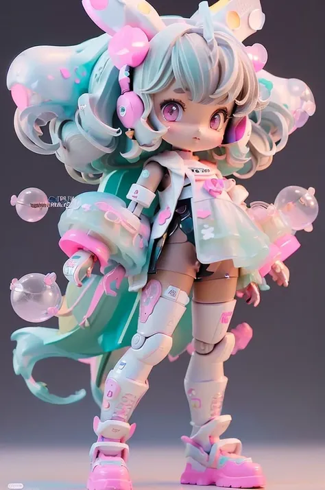 (Same character, front, side, back), (full body); brown girl; 3d; cute; 3d toy art; toy art; anime style; glitter; color pink; color white; Bunny details; cyberpunk details; robot limbs;