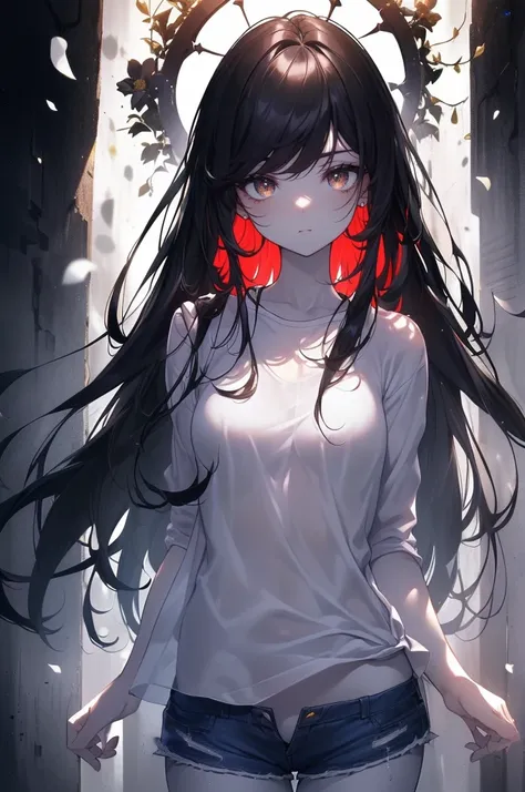 ((((Obra maestra, La mejor calidad, ultrahigh resolution)))), 1girl, standing, ((baggy white t-shirt, loose fitting blue shorts, black hair, dark black hair)), long hair cut, pale skin, ((brown eyes)), glowing_eyes, neon eyes, (ultra detailed eyes:0.7, bea...