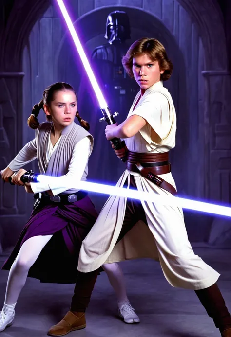 star wars a boy jedi with two lightsabers, one purple and the other white lightsaber in a fight against a woman sid