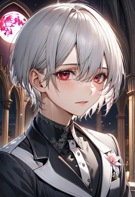 (close-up face), ((16 yo)), (solo:2 crew cut silver hair very short hair divine cool boy, detailed red eyes, tears:1.2 face, flat chest), break, (in a butler suit), break, (in the Chapel Terrace), (background detailed biggest pink moon), BREAK, perfect ana...