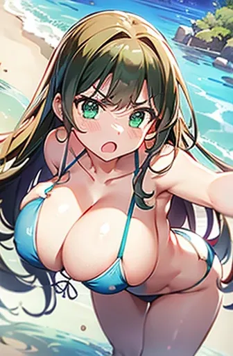 Big Tits、Huge breasts、blue bikini、blush、Angry face、28 year old sister、Emerald Green Bikini