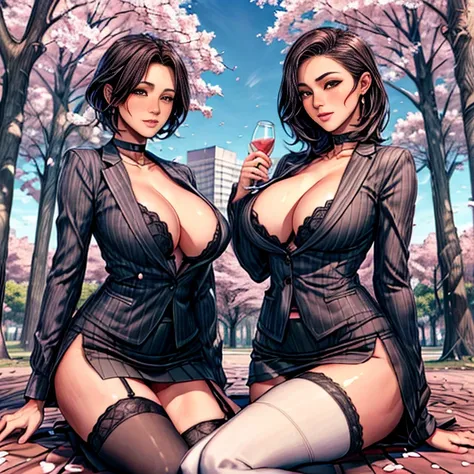 In a park with cherry blossoms in full bloom and petals beginning to fall、Women drinking alcohol while enjoying cherry blossom viewing, In a park rich in nature、plant, (((Masterpiece of sexy pose))), ((Highest quality)), ((Complex)), ((Surreal)), Stupid re...