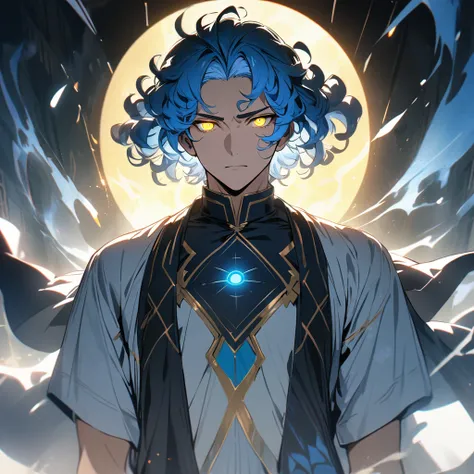 a handsome man with short blue hair, curly hair, yellow eyes,  4k, masterpiece, glowing eyes, short hair,  glowing hair, god, round circle light behind him, white light