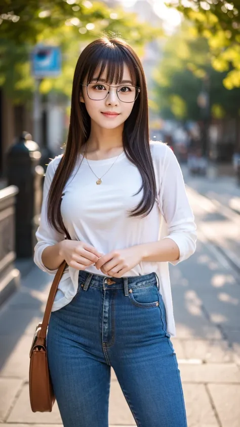 a cute chinese girl in glasses, tight jeans, extremely detailed, photorealistic, 8k, beautiful natural lighting