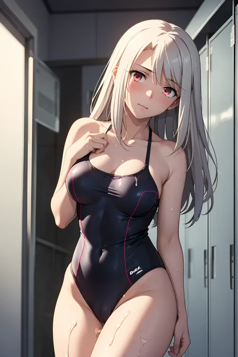 NSFW , (Highest quality:1.5, High resolution, 4K, Detailed lighting, Shaders), Illyasviel von Einzbern　alone, Cowboy Shot,Long Hair, Gray Hair, Red eyes, ((Swimsuit))＋＋　M-shaped foot　Sexy Looks　Seductive gestures　atmosphere　　Super blushing　Realistic locker...