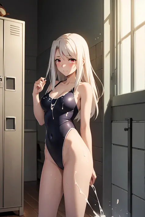 NSFW , (Highest quality:1.5, High resolution, 4K, Detailed lighting, Shaders), Illyasviel von Einzbern　alone, Cowboy Shot,Long Hair, Gray Hair, Red eyes, ((Swimsuit))＋＋　M-shaped foot　Sexy Looks　Seductive gestures　atmosphere　　Super blushing　Realistic locker...