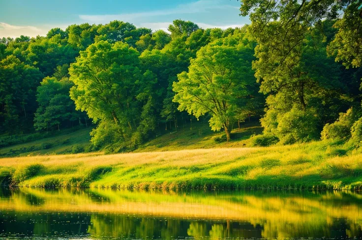 photorealistic, serene lake, peaceful countryside, lush green foliage, still water reflection, warm sunlight, golden hour, atmospheric lighting, soft pastel colors, detailed texture, cinematic composition, masterpiece