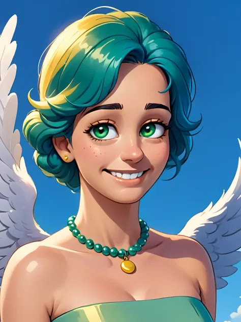 marges, blue hair, 1girl, solo, yellow skin, pearl necklace,strapless,  green dress, smile, score_9, score_8_up, score_7_up, sco...