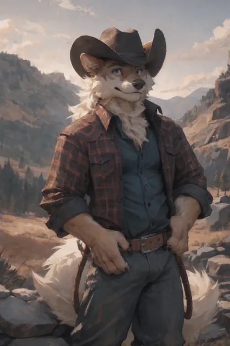 male, solo, anthro, arcanine, (arcanine),slim,clothed, bottomwear, , pants, , (cowboy), hand on hip,fur, fluffy, tuft, chest tuf...