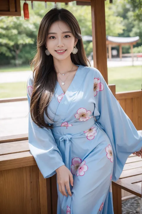 Highest quality,8K, Detailed facial depiction, Detailed description of the eyes,One Woman, Light brown hair(Medium-long hair),Beautiful Japanese Girl,24-years-old,Cute eyes,Cute Smile,Yukata beauty,A yukata with large polka dots on a white background,Slend...