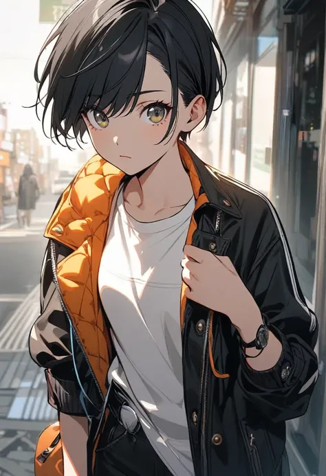 black hair, white shirt, jacket, 1girl, short hair, boyish, stylish, bright