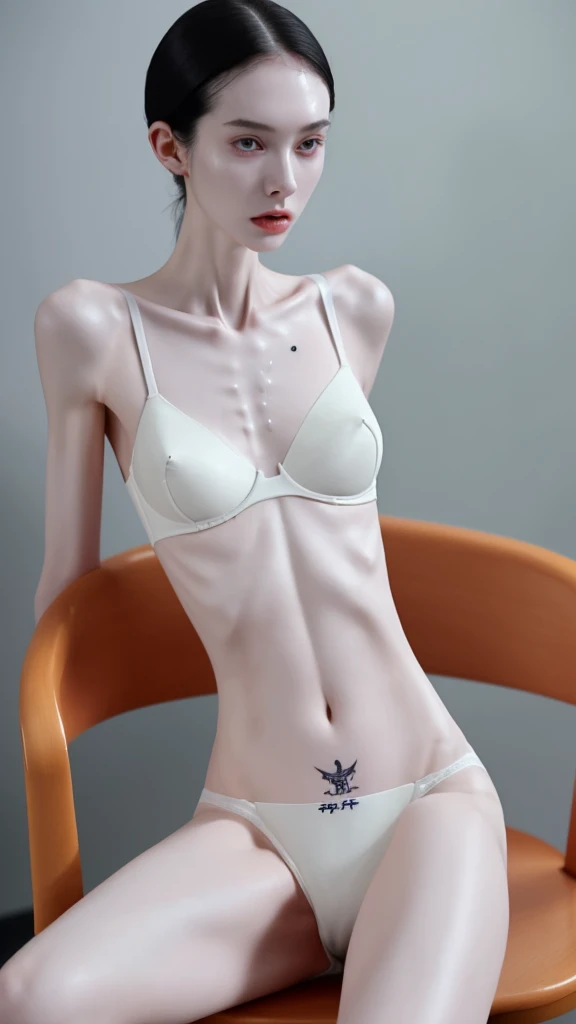 a woman, extremely thin body, visible bones, very slender, sweaty wet body, pale white skin, panties, bra, tattoo, full body, having mental breakdown, sitting on chair 