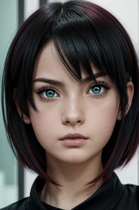 Girl from the anime world with short black hair and red locks, green eyes and black pupils, thin and full lips, small nose, serious look, with the UA high  from My hero academia 