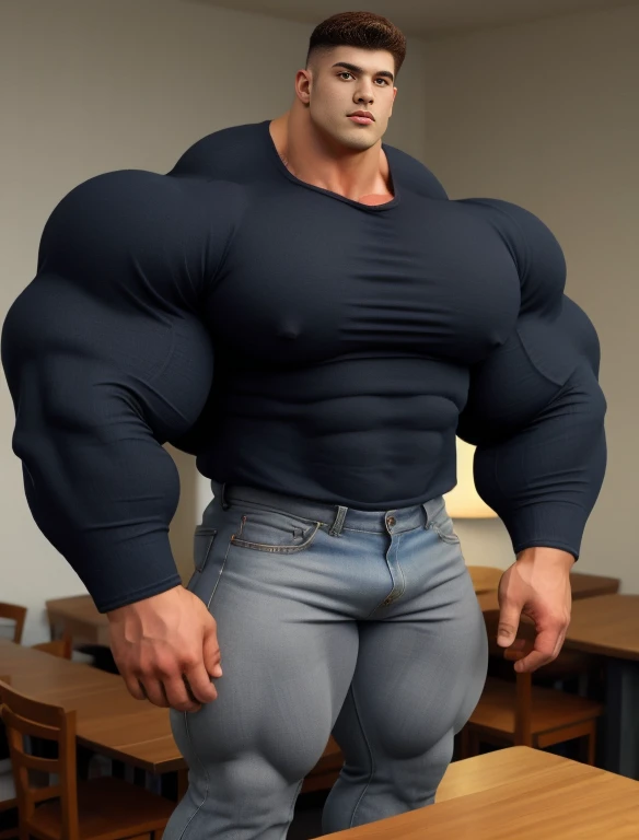 1 men, giant, bodybuilder pose, illuminating light, strong body, bulk, large size, staring, stand on the wall, grey shirt & jean pants, prominent bulge, big, brutalmass, giant, muscular body, bulk, buff, massive body, large meaty body size