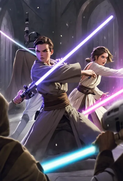 star wars a boy jedi with two lightsabers, one purple and the other white lightsaber in a fight against a woman sid