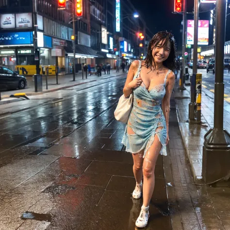 She walks alone on the sidewalks of a big city lined with buildings ,drenched, Dripping, Wet Face,Wet clothes, Wet Skin, Wet Hair,A young woman with a cute face like an idol,Smiling Kindly,((Cleavage)),(((A dress that melts and disappears when it gets wet)...