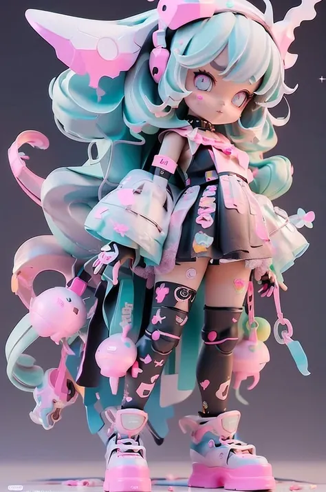 (Same character, front, side, back), (full body); blackskingirl; 3d; cute; 3d toy art; toy art; anime style; glitter; color pink; color white; Bunny details; cyberpunk details; robot limbs; mechanical shoes