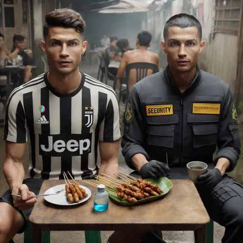 hyper realistic cristiano ronaldo wearing juventus jersey and ,25 year old asian man with buzz cut hair wearing security clothes...