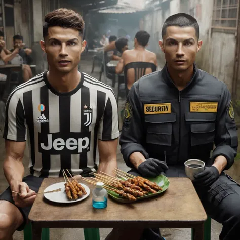 hyper realistic cristiano ronaldo wearing juventus jersey and ,25 year old asian man with buzz cut hair wearing security clothes...