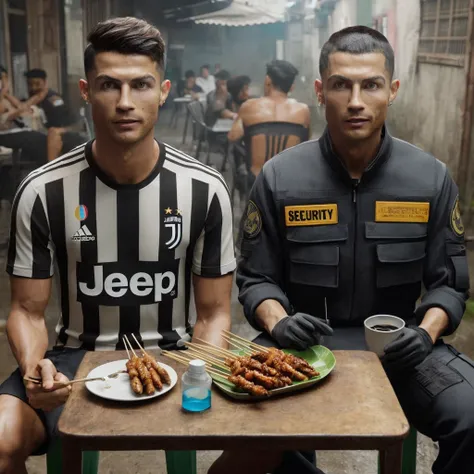 hyper realistic cristiano ronaldo wearing juventus jersey and ,25 year old asian man with buzz cut hair wearing security clothes...