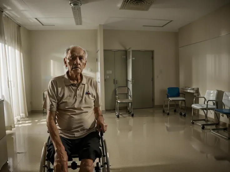 Elderly man in a wheelchair in an empty hospital room, sad face, ultra detailed, 16k, HD, realistic 