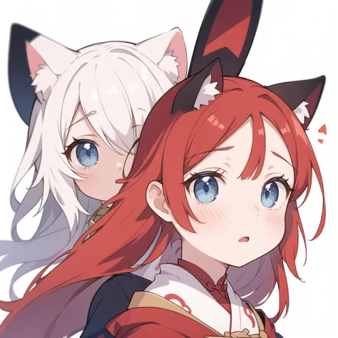 1 girl, head, ((White background, Red Cliff)), expression, tingyun, Cat Ear Girl，((银色head发)),blue eyes