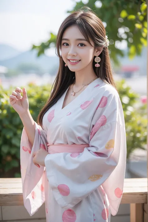 Highest quality,8K, Detailed facial depiction, Detailed description of the eyes,One Woman, Light brown hair(Medium-long hair),Beautiful Japanese Girl,24-years-old,Cute eyes,Cute Smile,Yukata beauty,A yukata with large polka dots on a white background,Slend...