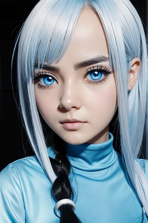 black hair girl, black eyes with blue, very pale, dr stone anime style