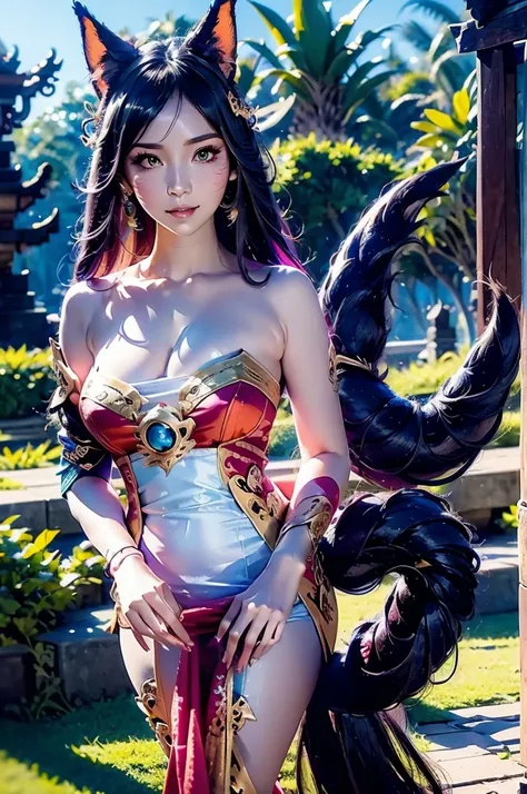 masterpiece, concept art, close up shot, ahri \(league of legends\), (nine taileds fox), kebaya_bali blue, cute, standing, (port...