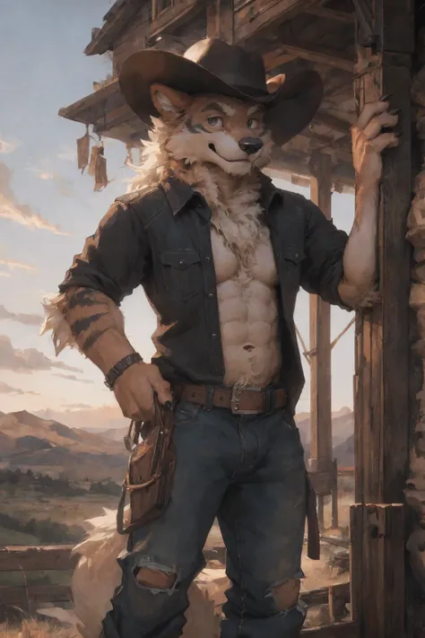 male, solo, anthro, arcanine, (arcanine),slim,clothed, bottomwear, , pants, , (cowboy), hand on hip,fur, fluffy, tuft, chest tuft, long hair, neck tuft, inner ear fluff, digitigrade,standing, front view, looking at viewer,(detailed background), outside, ro...