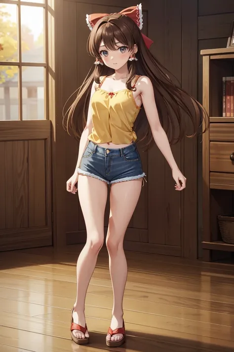 Reimu Hakurei, (Brown eyes:1.5), Brown Hair, bow, hair bow, Hair Tube, Long Hair, red bow, Side Lock,Western-style room, (((Slender body、Yellow Camisole BREAK Denim Shorts)))
BREAK Watch Viewers,blush、Sad-looking face、
Full Body Shot,Smile Break (masterpie...