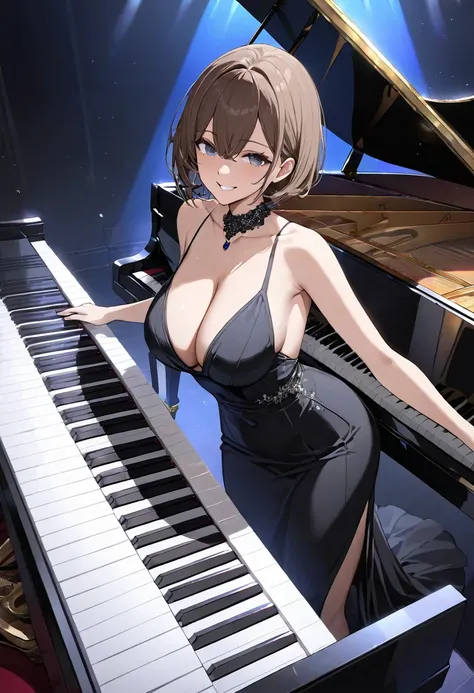 (masterpiece, Highest quality, High resolution, Super detailed, Highest quality), Detailed body, Detailed face, Blake 1 Female, Detailed Eyes, Smile, Tight waist, A dress that shows cleavage, Brown short hair, Black Eyes Break Jazz Pianist, Black maxi dres...