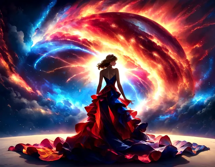 A spectacularly igniting supernova shines brightly amidst the darkness of space, captivatingly watched by an enigmatic woman. The explosion of colors and light creates a mesmerizing display in the image, which is most likely a breathtaking digital artwork....