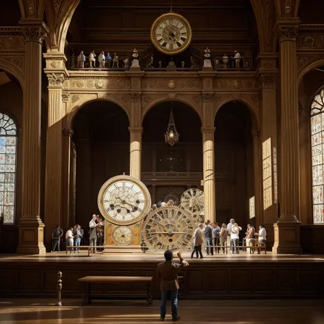 I want you to create a giant antique clock with several people next to it, each doing an activity, to demonstrate that there is no fixed time for the person to accomplish something