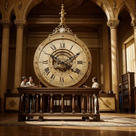 I want you to create a giant antique clock with several people next to it, each doing an activity, to demonstrate that there is no fixed time for the person to accomplish something