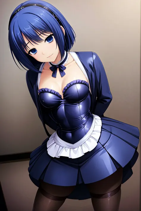 blue-eyes blue-hair bob-hair ,small-breast,17 years old、Ultra HD、Ultra-high resolution、8K,dark-makeup,,白いFrilled shirt、Frilled shirt、blue-ribbon-skirt,,whole body、all-body,whole body、,black-pantyhose、first round,,drooling、bob-hair,tsurime,tsurime,,standing...