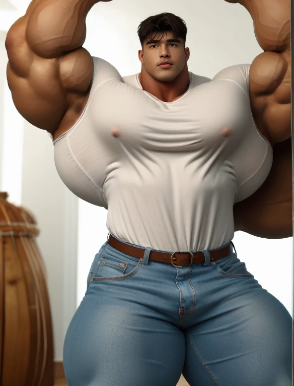 1 men, giant, bodybuilder pose, illuminating light, strong body, bulk, large size, staring, armpit, inthewhite studio, white shirt & jean pants, prominent bulge, big, brutalmass, giant, muscular body, bulk, buff, massive body, large meaty body size