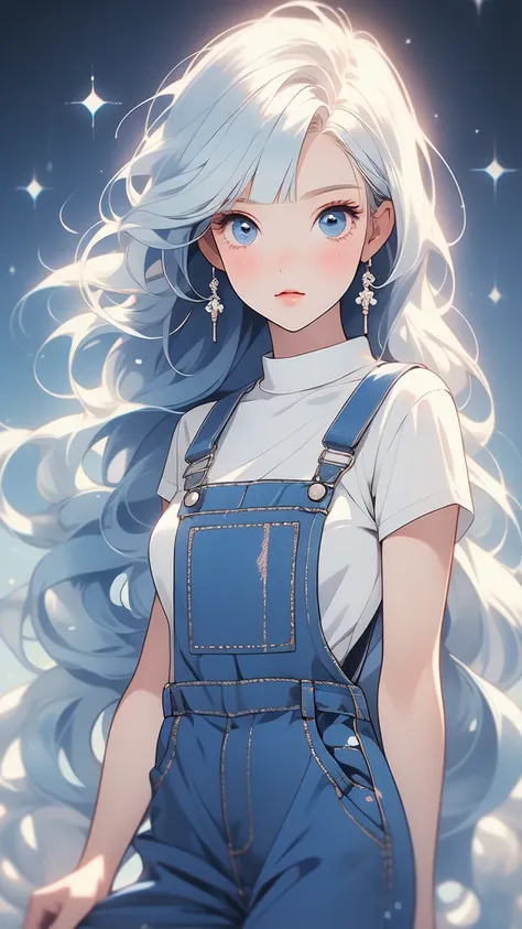 girl wearing a White sundress, tight, simple anime style Woman. Flower drawing on sequin overalls. Glossy white lips with sequins. Blunt bangs, White hair, long hair, blue eyes, solo,